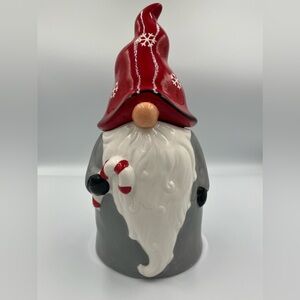 Gnome Cookie Jar - Red, White, and Gray, Candycane, Red Hat and Snowflakes